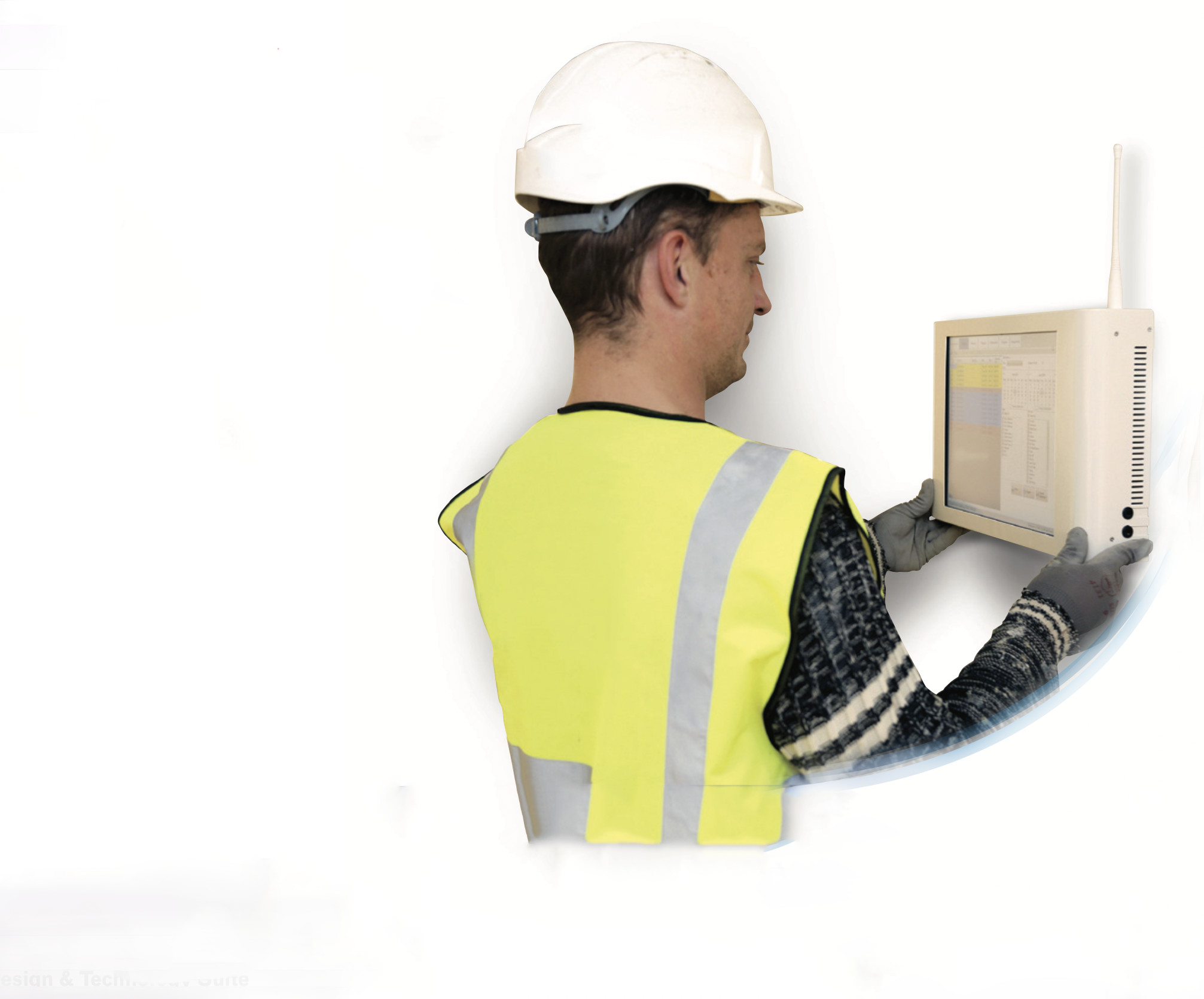 A person wearing a safety vest and gloves installation communication device on wall